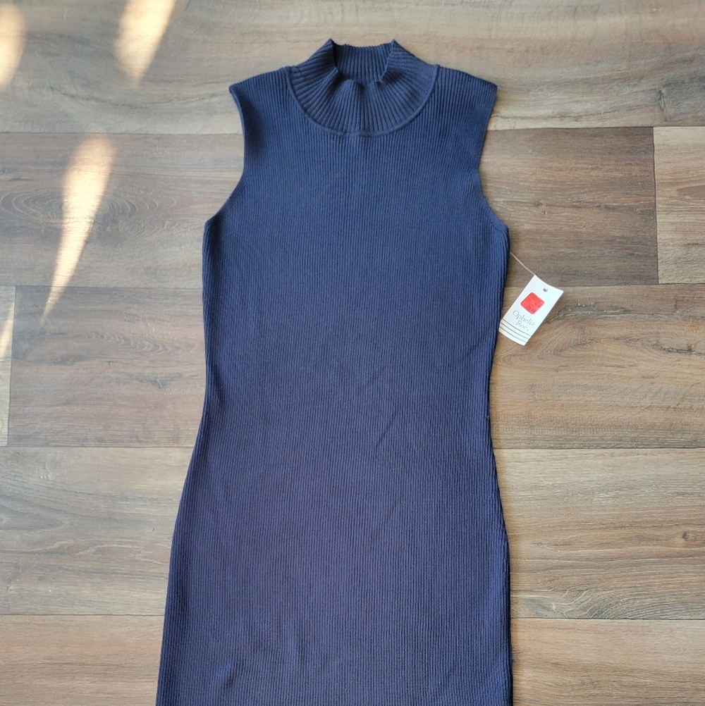 Sleeveless Navy Blue Ribbed Sweater Dress
